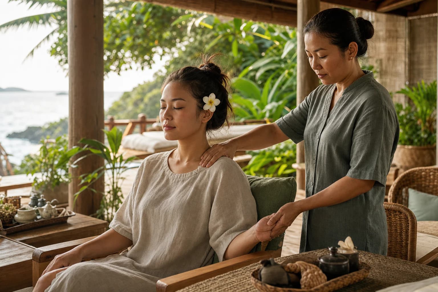Du khách nghỉ ngơi trong một buổi chăm sóc thư giãn giữa không gian nhiệt đới