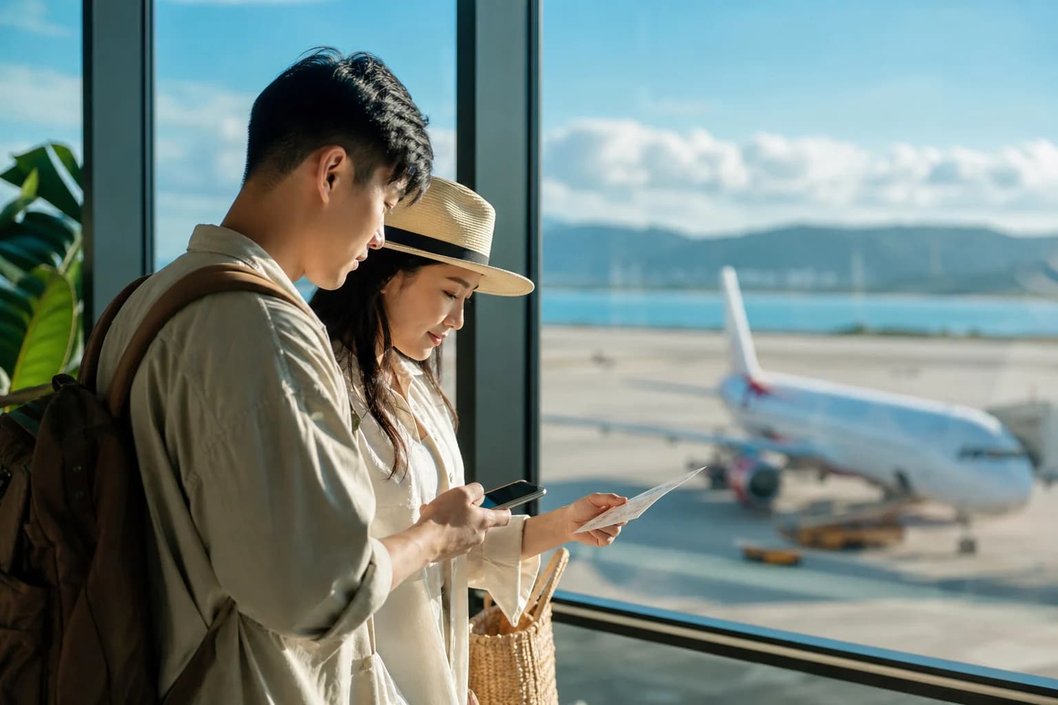 Hai du khách kiểm tra thông tin hành trình tại sân bay